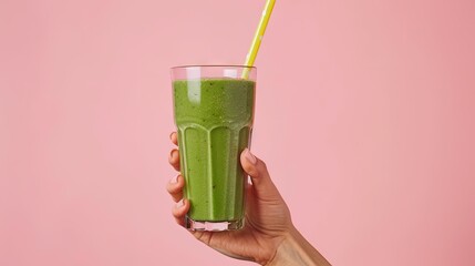 Glass of delicious healthy green smoothie in hand on isolated background