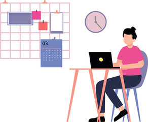 The girl is working at her desk.