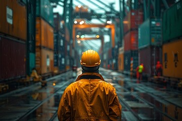 A worker in bright housing stands watch in the cargo port