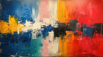 an abstract painting. The painting is full of vibrant colors and has a lot of texture. The brushstrokes are visible and the paint is thick. 