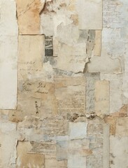 An unprimed canvas with pieces of script and collaged aged papers painted in muted light beige and ivory colors. Delicate minimalistic watercolors and thin black line sketches
