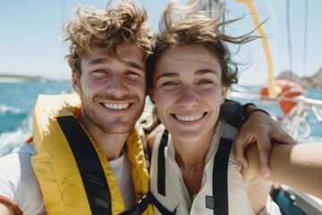 Obraz premium Portrait of a young man and woman on a boat