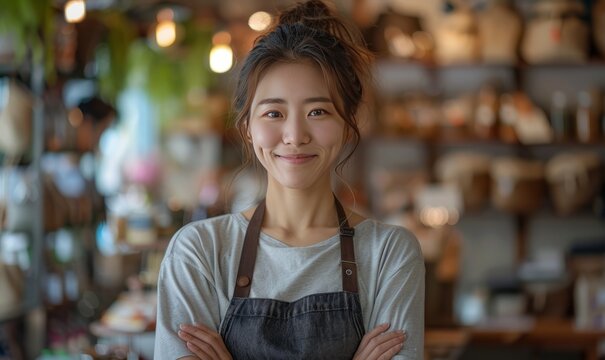Portrait of Japanese small business woman owner in artisan retail store