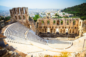 Panoramic view of Odeon of Herodes Atticus below the Acropolis, Athens, capital of Greece.