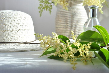 white hat and flowerson a white background 