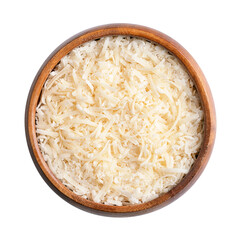 Grated parmesan cheese, Parmigiano Reggiano or Grana Padano in a wooden bowl. Italian hard, granular cheese, produced from raw cow's milk, aged at least 12 months. Isolated from above, food photo.