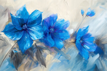 Experience stunning oil paintings of blue flowers on canvas, each brushstroke capturing the delicate beauty and vibrant hues of floral artistry