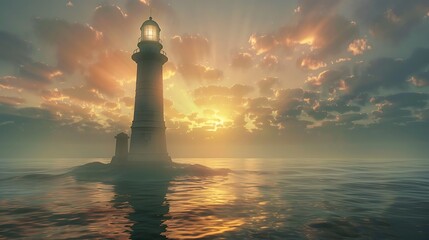 Fototapeta premium Lighthouse on a Small Island in the Ocean
