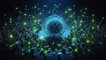 3D image of a virus in internal circuitry reflecting a cyber virus, background, vector, digital background, 