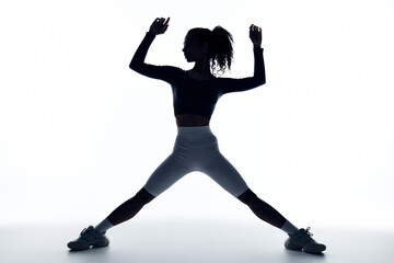 A young Black woman in athletic wear stretches her legs and arms in a dynamic pose.