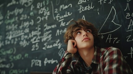 Contemplative Student Leaning Against Chalkboard with Equations, Copy Space to Right