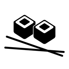 Illustration showing a black icon of sushi and rolls with chopsticks on a white background