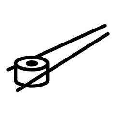 Illustration showing a black icon of sushi and rolls with chopsticks on a white background