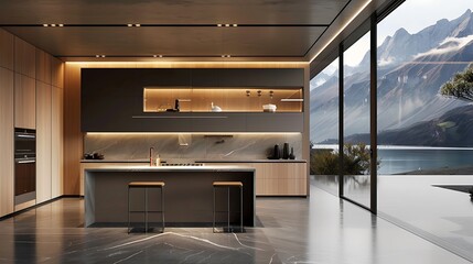 Modern Kitchen Design with Walnut Cabinets, Sleek Black Pendant Lights, and Marble Flooring