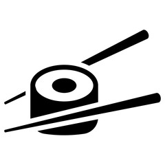 Illustration showing a black icon of sushi and rolls with chopsticks on a white background