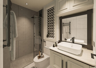 3D Rendering modern bathroom full scene interior design.
