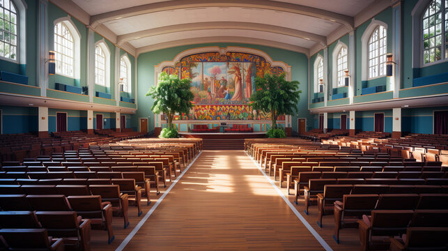 Am empty spacious school auditorium with rows of wooden seats and tall windows.