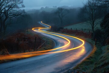 A misty countryside scene featuring a winding road with light trails, creating a sense of motion and serenity amidst the tranquil beauty of nature and soft twilight.