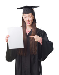 Young Chinese woman wearing graduate uniform holding paper degree very happy pointing with hand and finger