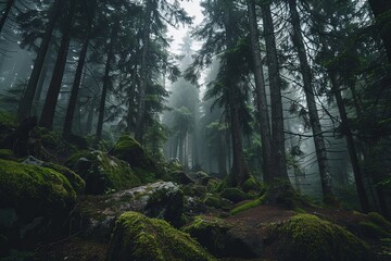 Obraz premium Misty Dark Pine Forest with Mossy Rocks on the Ground, Captured with Sony Alpha A7 III, Evoking a Mysterious and Enchanting Atmosphere