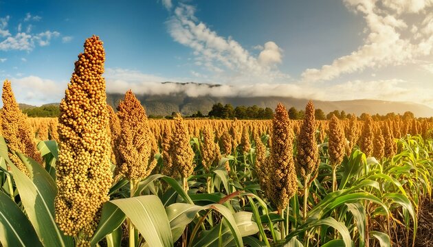 Biofuel and new boom Food, Sorghum Plantation industry. Field of Sweet Sorghum stalk and seeds. Millet field. Agriculture field of sorghum, named also Durra, Milo, or Jowari. Healthy nutrients