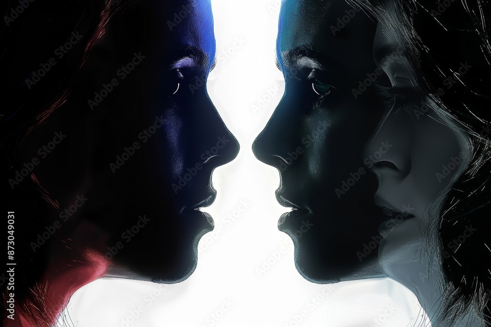 Poster silhouettes of two faces in close proximity with contrasting light, abstract and intense illustratio