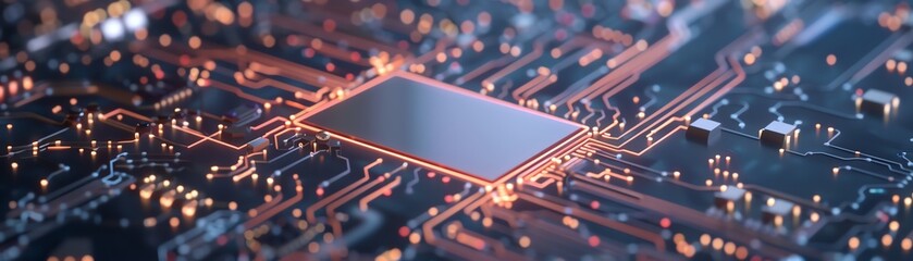 Close-up view of a microchip on a circuit board with glowing circuits, representing modern technology and electronics.
