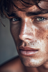 Obraz premium A man with a beard and blue eyes is sweating and has a red nose. He looks tired and exhausted