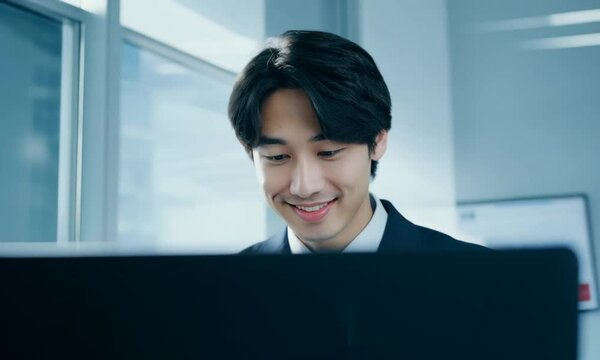 Japanese businessman operating a computer in her office.