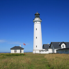 Blue sky over the Hirtshals Lighthouse, Denmark.