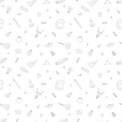 School seamless background, vector linear illustration in doodle style on a light background. Wrapping paper, scrapbooking, stationary, packaging, textile prints.