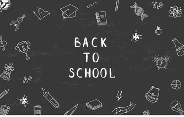 Back to school in a frame of stationery on a dark background. Linear vector illustration in doodle style