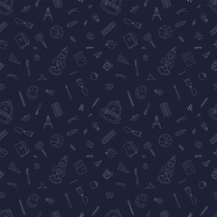 School seamless background, doodle style vector illustration on a dark background. Wrapping paper, scrapbooking, stationary, packaging, textile prints.