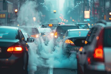 Fototapeta premium An urban pollution concept image depicting a traffic jam on a city street, with visible smoky smog