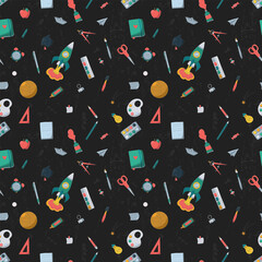 School seamless pattern with hand drawn doodles, cartoon, supplies on dark background. Wrapping paper, scrapbooking, stationary, packaging, textile prints.