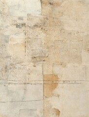 An unprimed canvas with pieces of script and collaged aged papers painted in muted light beige and ivory colors. Delicate minimalistic watercolors and thin black line sketches