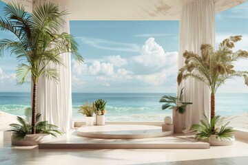 Minimalist Beach House Interior with Palm Trees and Ocean View