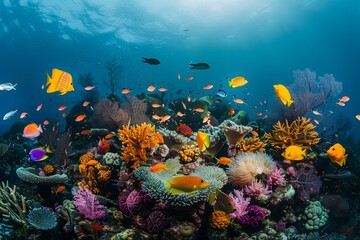 A vibrant underwater scene with a diverse coral reef teeming with colorful fish and corals. Generative AI