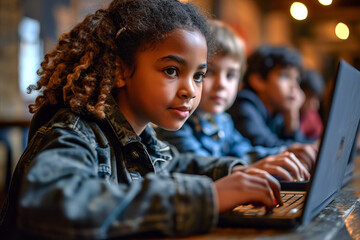 A focused young girl uses a laptop in a classroom setting, with other students working on their laptops in the background.