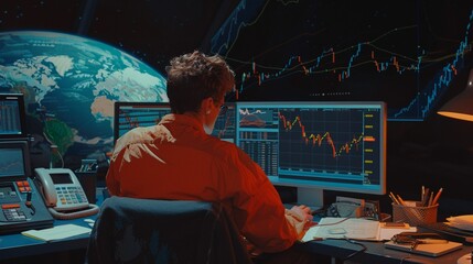 Businessman staring at plummeting stock charts on his computer, dark office, watercolor, realistic