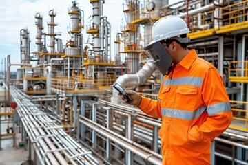 Industrial Worker Using Smartphone at Large Refinery