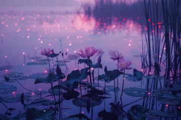 Purple and Pink Lotus Flowers in a Mystical Pond