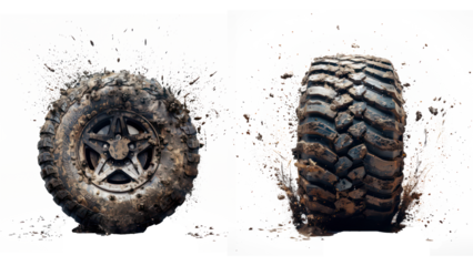 Set of Dynamic Off-Road Tire in Action, Cut-Out, Isolated on Transparent Background