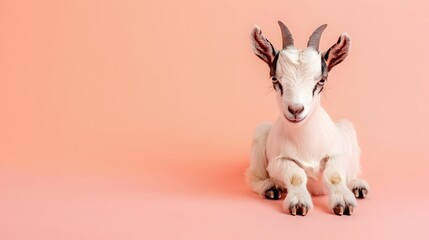 Cute Baby Goat Sitting on Pink Background.