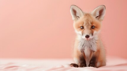 Fototapeta premium Cute Fox Cub Sitting on Pink Blanket.