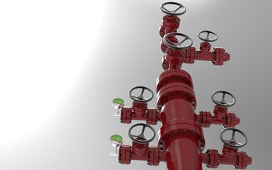 Beautiful red well head close up low angle view showing detail connection and pressure gauge