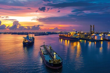 Fototapeta premium Tanker ships approach a refinery port as the sun sets, casting a warm glow over the water. Generative AI