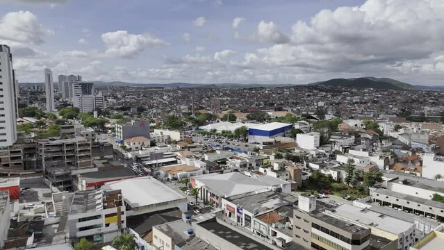 Drone lowers in downtown facing the Patio de Eventos Luiz Gonzaga in Caruaru, Pernambuco, Brazil