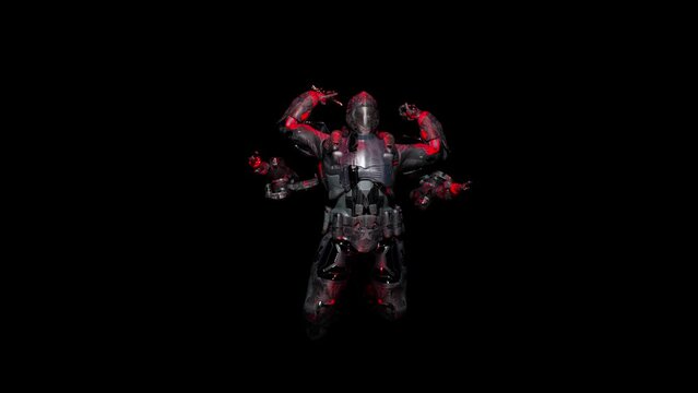 cyborg warrior with AGI (Artificial general intelligence), jumps into a fighting stance, black background, 3d rendering