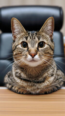 Obraz premium A cat is sitting on a desk and looking at the camera